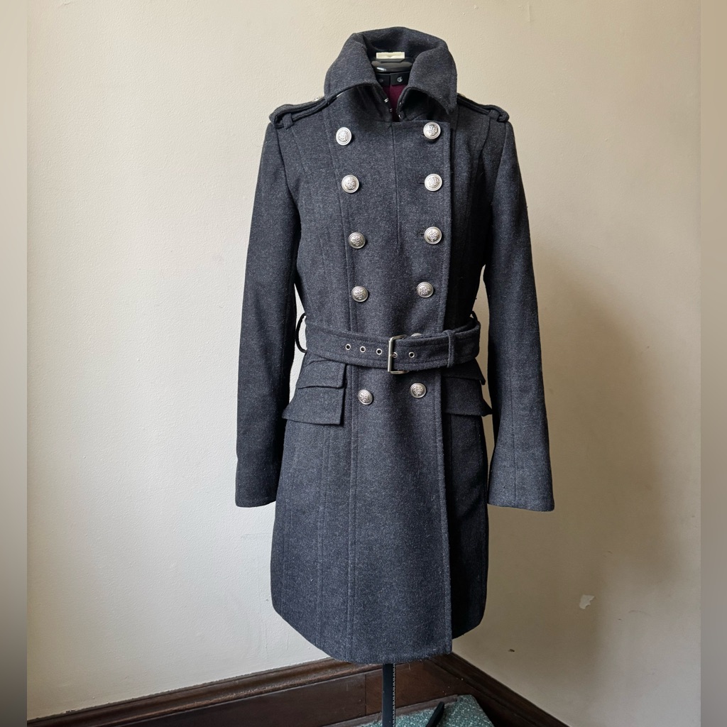 Laundry Grey Wool Double Breasted Pea Coat Belted Midi